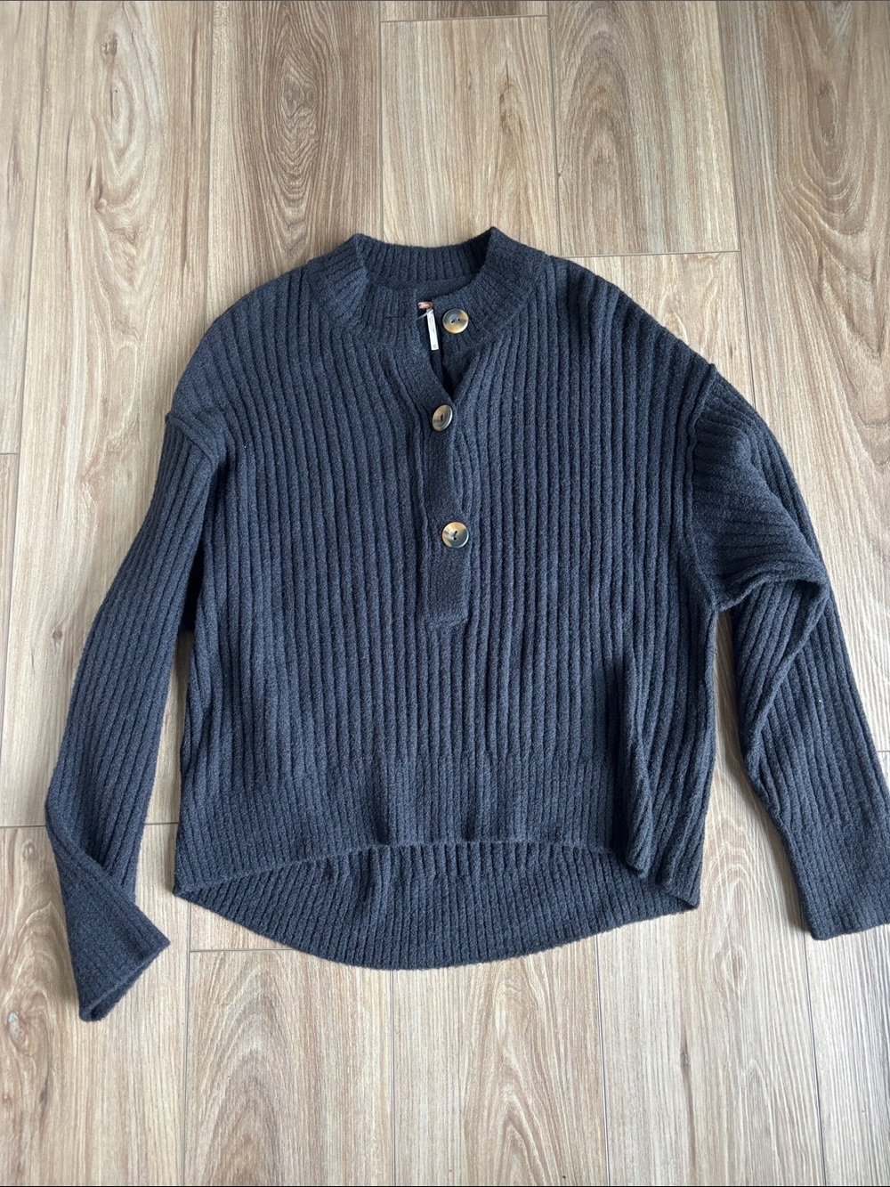 Free People Black - Dark Charcoal Ribbed Button-Neck Sweater